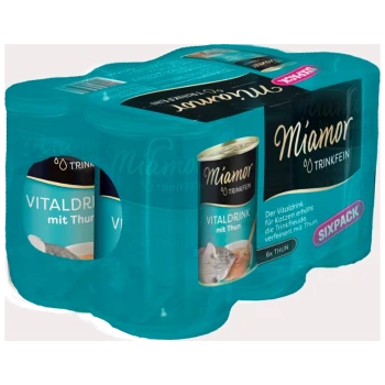 Sechserpack Miamor Trinkfein Vitaldrink für Katzen mit Thunfisch, mit Bildern einer Katze und einer Schüssel, beschriftet auf Deutsch.