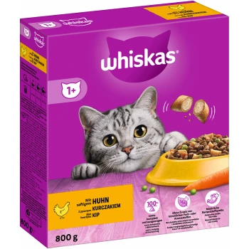 1+ Adult Trockenfutter 800g Whiskas Katzenfutterverpackung mit einer grauen Katze mit großen Augen, einer Schüssel mit Trockenfutter und Text, der Huhn als Hauptzutat hervorhebt.