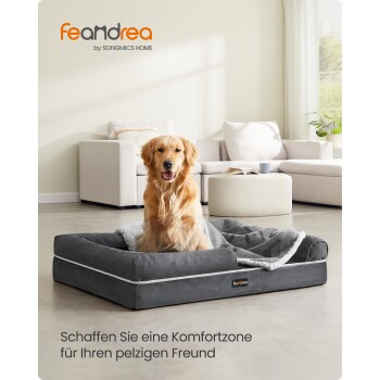 Golden Retriever in grauem Feandrea-Hundebett in hellem Wohnzimmer; sichtbarer Text 'feandrea by SONGMICS HOME'.