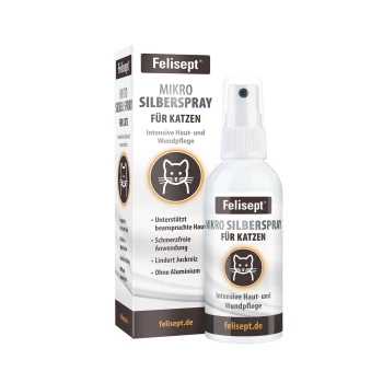 Felisept Mikro Silberspray für Katzen, Sprühflasche und Verpackung, 'Intensive Haut- und Wundpflege', felisept.de.