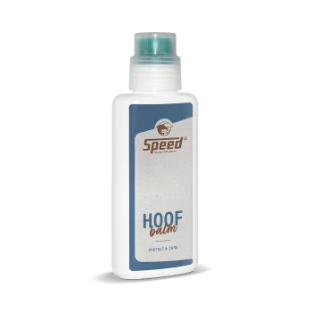 Flasche mit Speed Hoof Balm für Haustiere, mit einem blauen Etikett mit den Aufschriften "HOof balm" und "PROTECT & CARE".