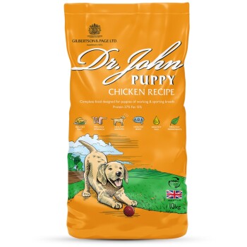 10kg Dr. John Puppy Huhn Rezept Hundefuttertüte mit spielerischer Welpenillustration und Hervorhebungen von 27% Protein und 15% Fett.