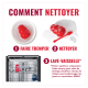 Affiche rouge de nettoyage des jouets KONG : « COMMENT NETTOYER » et étapes « 1 FAIRE TREMPER », « 2 NETTOYER », « 3 LAVE-VAISSELLE »