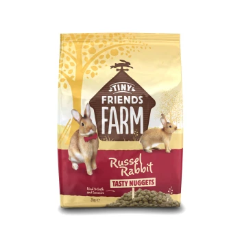 Tiny Friends Farm Russel Rabbit Tasty Nuggets pet food bag with two rabbits and 2kg weight.