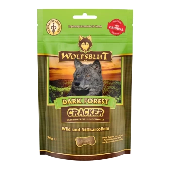 WOLFSBLUT Dark Forest Cracker Hundesnack-Beutel mit Wolfsmotiv, Text 'Wild und Süßkartoffeln', 70 g.