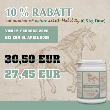 Behälter mit "Montanus Nature Joint Mobility" Ergänzungsmittel für Pferde, 500g, mit einer laufenden Pferdeillustration und deutschen Anwendungsdetails.