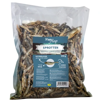 Fit-Hap Sprotten 250g Klarer Plastikbeutel mit 250g getrockneten Fischen "Sprotten" von "ishHap," gekennzeichnet als natürlicher Leckerbissen für Hunde und Katzen.