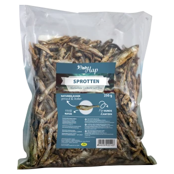Klarer Plastikbeutel mit 250g getrockneten Fischen "Sprotten" von "ishHap," gekennzeichnet als natürlicher Leckerbissen für Hunde und Katzen.