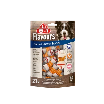 Opakowanie dla 8in1 Flavours Triple Flavour Bones dla psów, z border collie i prezentujące różne smakowe kości do żucia.