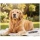 Golden Retriever liegt auf einer Decke in einem sonnendurchfluteten Garten, neben ihm liegt ein Pflegekamm für Haustiere.