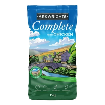 Eine 15 kg schwere Tüte Arkwrights Complete Hundefutter mit Hühnchen, die eine malerische Landschaftsillustration und ein Logo für Arbeitshunde zeigt.