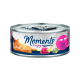 Katfood-Dose mit einem verspielten Bild einer orangefarbenen Katze, beschriftet mit "Momente zum Genießen", mit Thunfisch- und Rindfleischgeschmack, gekennzeichnet als "Qualitätsfilet."