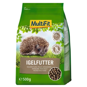 Grüne Tüte mit MultiFit Igelnahrung mit einer Igelgrafik, beschriftet mit "IGELFUTTER" und Text in Französisch und Italienisch, 500g.