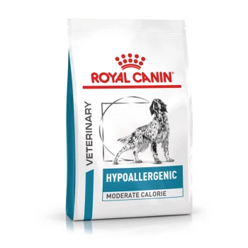 Veterinary Hypoallergenic Matig Calorie 14 kg Royal Canin Hypoallergene hondenvoerzak, met een zwart-witte hondillustratie, gelabeld 'Veterinair' en 'Gemiddelde calorieën.'