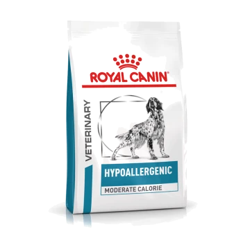 Royal Canin Hypoallergene hondenvoerzak, met een zwart-witte hondillustratie, gelabeld 'Veterinair' en 'Gemiddelde calorieën.'