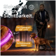 Ein Mann führt einen Golden Retriever mit einem leuchtenden LED-Halsband in einem dunklen Park, mit "Durchgängiges LED-Licht" und "Reflektierende Nähte."