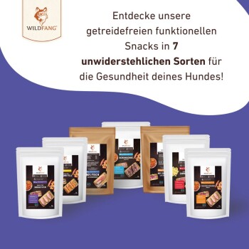 Getreidefreie Snacks für Hunde in 7 Sorten, präsentiert in verschiedenen Verpackungen auf lila Hintergrund.