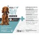 Hund mit "REAVET Relax Paste" Ergänzung, 30ml Applikator, hergestellt in Deutschland. Zeigt Fütterungsinformationen und Zutaten wie Sonnenblumenöl.