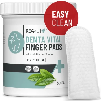 Reavet Denta Vital Fingerpads für Haustiere, Anti-Plaque-Formel, gebrauchsfertig, 50 Stück, mit „Easy Clean“-Etikett.