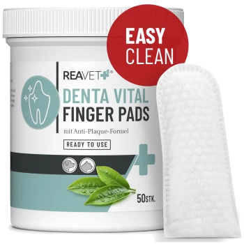 Reavet Denta Vital Fingerpads für Haustiere, Anti-Plaque-Formel, gebrauchsfertig, 50 Stück, mit „Easy Clean“-Etikett.