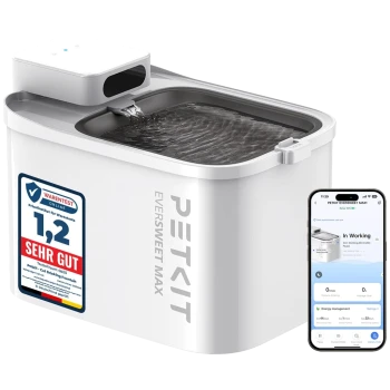 PETKIT Eversweet Max1 intelligenter Katzen-Trinkbrunnen mit fließendem Wasser und Smartphone-App, die den Status "In Betrieb" anzeigt.
