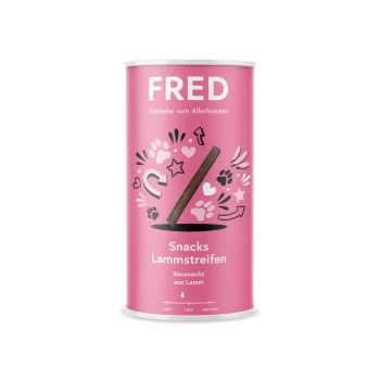 Dose mit FRED Lamm-Snacks für Haustiere, mit einem rosa Design und verspielten Grafiken sowie dem Text "Snacks Lammstreifen" und "Kausnacks aus Lamm."