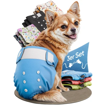 Drei bunte Haustierwindeln in Blau, Rot und Grün, gekennzeichnet als "3er SET" mit einem Etikett, das "DEUTSCHE MARKE" liest.