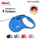 Blaue flexi ausziehbare Hundeleine mit einem kreisförmigen Design, gekennzeichnet mit 'NEUE KLASSIK', erhältlich in 4 Farben, mit einem Logo und 'Hergestellt in Deutschland.'