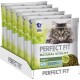 Mehrere Taschen von Perfect Fit Natural Vitality Katzenfutter, die eine flauschige Katze zeigen und Text hervorheben: "70% Proteine" und "Erwachsene 1+" in Grün.