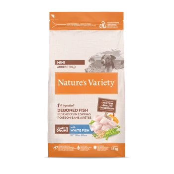 Sac de nourriture pour chien Nature's Variety Mini Adult avec poisson désossé, céréales saines et poisson blanc, 1,5 kg.