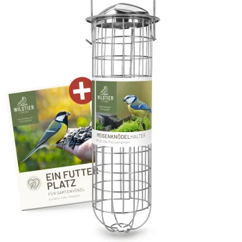 Metallvogelhaus für Fettbällchen, beschriftet 'MEISENKNÖDELHALTER für alle Meisenarten', mit einem Bild einer Blaumeise auf der Verpackung.