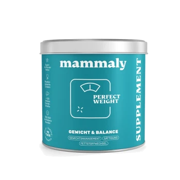Türkisfarbene Supplement-Dose mit 'Mammaly'-Aufschrift, Waagen-Icon und 'PERFECT WEIGHT', 'GEWICHT & BALANCE', vertikal 'SUPPLEMENT'.