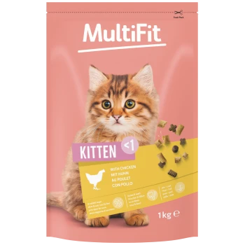 MultiFit-Kittenfutterbeutel mit einem Kätzchen, Aufschrift 'KITTEN <1', 'Mit Huhn' und 1 kg