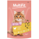 Sac de nourriture pour chatons MultiFit montrant un chaton, étiquette « KITTEN <1 », « avec poulet », et 1 kg