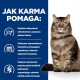 Puszysty brązowy kot tabby siedzi na niebieskim tle, z tekstem opisującym korzyści płynące z karmy dla kotów, w tym poprawioną trawienie i jakość stolca.