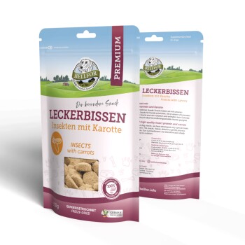 Verpackung für Premium-Haustiersnacks mit "Leckerbissen Insekten mit Karotte", die gefriergetrocknete Zutaten hervorhebt.