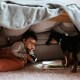 Kind unter einer Deckenburg hält eine Taschenlampe über ein aufgeschlagenes Buch, ein kleiner Hund mit leuchtend grünem Halsband in der Nähe.