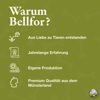 Bild, das Bellfor Tierprodukte bewirbt mit dem Text: "Warum Bellfor? Geboren aus Liebe zu Tieren, jahrelange Erfahrung, Premium-Qualität aus dem Münsterland."