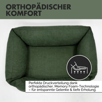 Orthopädisches Hundebett mit Memory-Schaum-Technologie, seitlich gepolstert, und einem Hund darauf. Text: 'Orthopädische Unterstützung'.