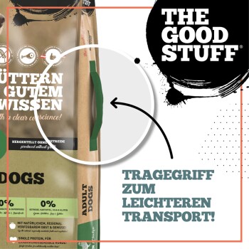 Hundefutterverpackung mit einem grünen Tragegriff, mit Text, der "The Good Stuff," "Adult Dogs," und "Tragegriff zum leichteren Transport!" angibt.