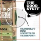Hundefutterverpackung mit einem grünen Tragegriff, mit Text, der "The Good Stuff," "Adult Dogs," und "Tragegriff zum leichteren Transport!" angibt.