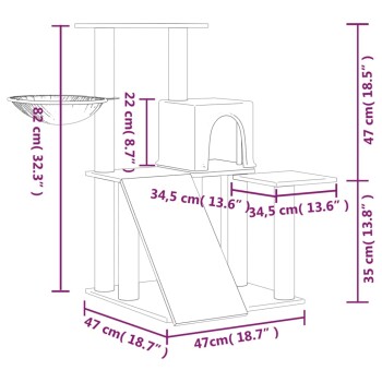Illustration der Abmessungen eines Katzenbaums mit beschrifteten Maßen: Höhe 82 cm (32,3 Zoll), Basis 47 cm (18,7 Zoll) und verschiedenen Plattformgrößen.