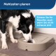 Ein schwarz-weißer Hund frisst aus einem beigen automatischen Futterspender auf einer grauen Matte, mit Text darüber, der sagt: 'Mahlzeiten planen.'