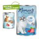 Katzenfutterverpackung mit einer flauschigen weißen Katze und einer Schüssel mit Thunfisch, mit dem Text "Momente zum Genießen" und "Pazifikthunfisch."