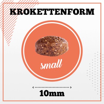 Bild eines kleinen Haustierfutterkroketten, beschriftet mit 'KROKETTENFORM' mit einer Größenangabe von '10mm' in einem kreisförmigen Design.