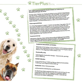 Exvital-Nahrungsergänzungsmittel für Hunde und Katzen, das die Verdauungsgesundheit fördert, mit Fütterungsempfehlungen und Inhaltsstoffdetails.