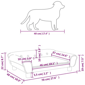 Illustration einer Hundesilhouette mit Abmessungen (40 cm) über einem Design für ein Haustiersofa, das die Maße für Länge, Breite und Höhe zeigt.