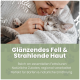 Person kuschelt mit einer entspannten grauen getigerten Katze, mit Text, der glänzendes Fell und strahlende Haut durch natürliche Inhaltsstoffe bewirbt.