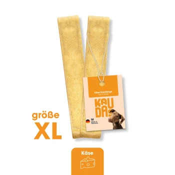 Knabber Kaustange Käse 1 Stück Käse-Kaustange für Hunde, Größe XL, mit einem Etikett, das "Käse Kaustange für Hunde" und "Hergestellt in Deutschland" liest.