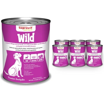 Dosen mit Supravit-Hundefutter, beschriftet 'Wild', mit einem rosa Design, mit Text in Deutsch und Englisch über Zutaten und Vorteile.